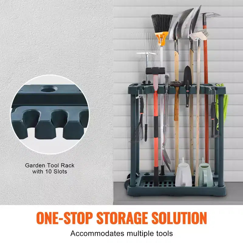 Organizzatore attrezzi da giardino, 10 slot, scaffale porta attrezzi da cantiere per organizzazione e stoccaggio in garage, porta attrezzi a manico lungo/rastrello/scopa/pala