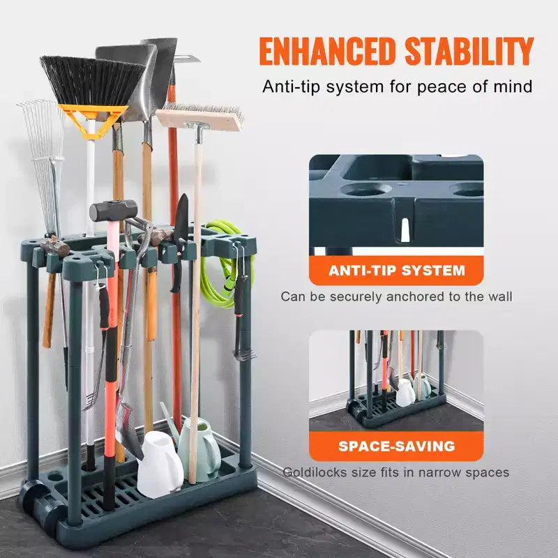 Organizzatore attrezzi da giardino, 10 slot, scaffale porta attrezzi da cantiere per organizzazione e stoccaggio in garage, porta attrezzi a manico lungo/rastrello/scopa/pala