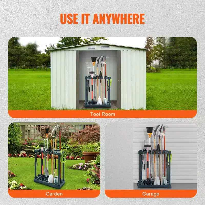 Organizzatore attrezzi da giardino, 10 slot, scaffale porta attrezzi da cantiere per organizzazione e stoccaggio in garage, porta attrezzi a manico lungo/rastrello/scopa/pala