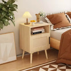 Rattan Nightstand Wood Nightstand End Table Accent Bedside Side Table with Open Shelf, Modern & Natural Aesthetic-ModernLuxe