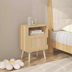 Comodino in Rattan, Comodino in Legno, Tavolino, Tavolino d'Appoggio, Tavolino da Comodino con Ripiano Aperto, Estetica Moderna e Naturale