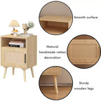 Comodino in Rattan, Comodino in Legno, Tavolino, Tavolino d'Appoggio, Tavolino da Comodino con Ripiano Aperto, Estetica Moderna e Naturale