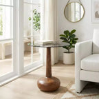 Elegant Glass-Top Wood Pedestal Side Table for Living Room Accent - Sculptural Narrow End Table for Entryway Styling - 21, Brown & Clear