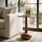 Elegante Tavolino Laterale a Colonna in Legno con Piano in Vetro per Accento Soggiorno - Tavolino Stretto Scultoreo per lo Stile dell'Ingresso - 21, Marrone e Trasparente