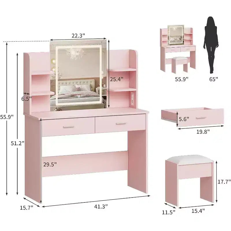 Toeletta con specchio illuminato, sgabello, presa di corrente, 6 ripiani, 2 grandi cassetti, LED regolabile a 3 colori, toeletta per camera da letto, rosa