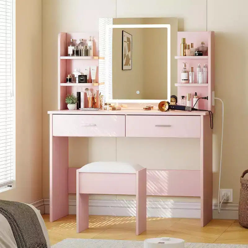 Toeletta con specchio illuminato, sgabello, presa di corrente, 6 ripiani, 2 grandi cassetti, LED regolabile a 3 colori, toeletta per camera da letto, rosa
