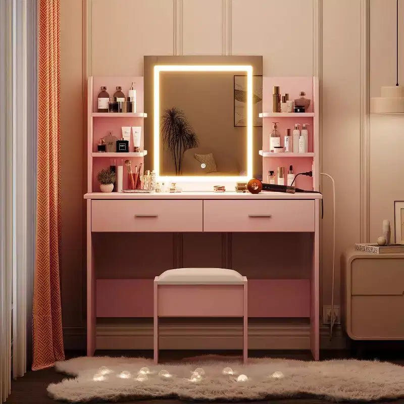 Toeletta con specchio illuminato, sgabello, presa di corrente, 6 ripiani, 2 grandi cassetti, LED regolabile a 3 colori, toeletta per camera da letto, rosa