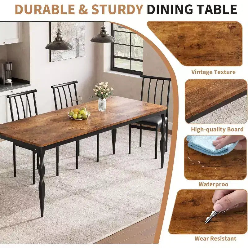 Tavolo da pranzo rettangolare rustico da 79" per 6-8 persone, tavolo da cucina con venature del legno e gambe robuste, facile da pulire