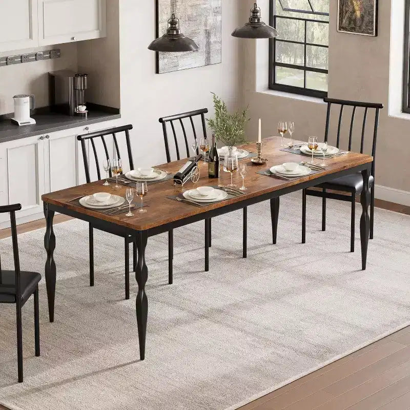 Tavolo da pranzo rettangolare rustico da 79" per 6-8 persone, tavolo da cucina con venature del legno e gambe robuste, facile da pulire