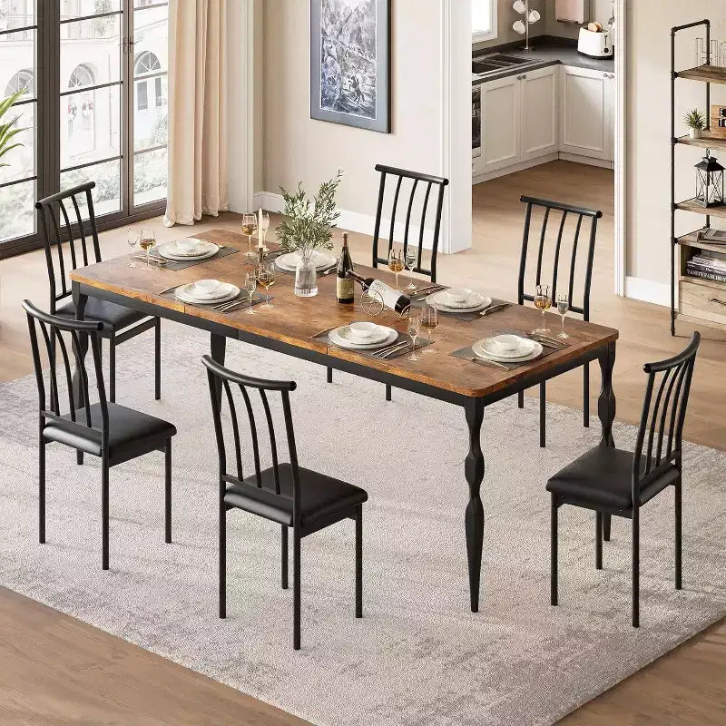 Tavolo da pranzo rettangolare rustico da 79" per 6-8 persone, tavolo da cucina con venature del legno e gambe robuste, facile da pulire