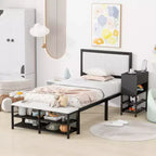 Metal Platform Bed with Two-Tier Storage Shelves and Wooden Storage Cabinet