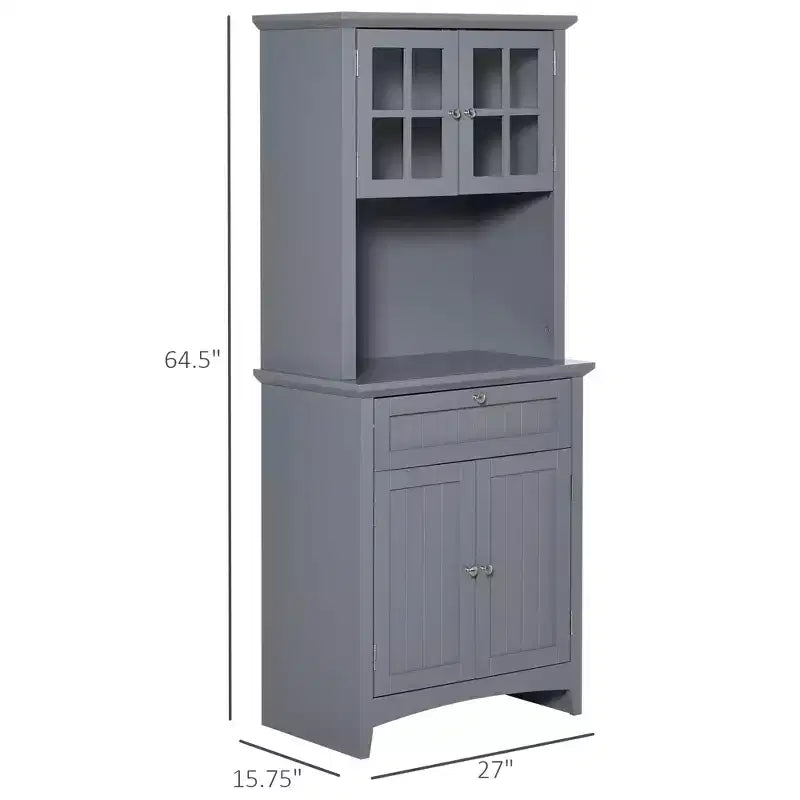 Elegante Credenza con Vetrina, Mobile Dispensa da Cucina con Anta in Vetro, Cassetto e Spazio per Microonde