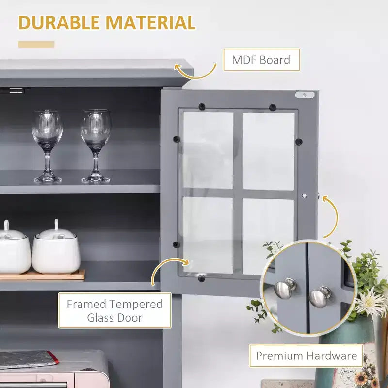 Elegante Credenza con Vetrina, Mobile Dispensa da Cucina con Anta in Vetro, Cassetto e Spazio per Microonde