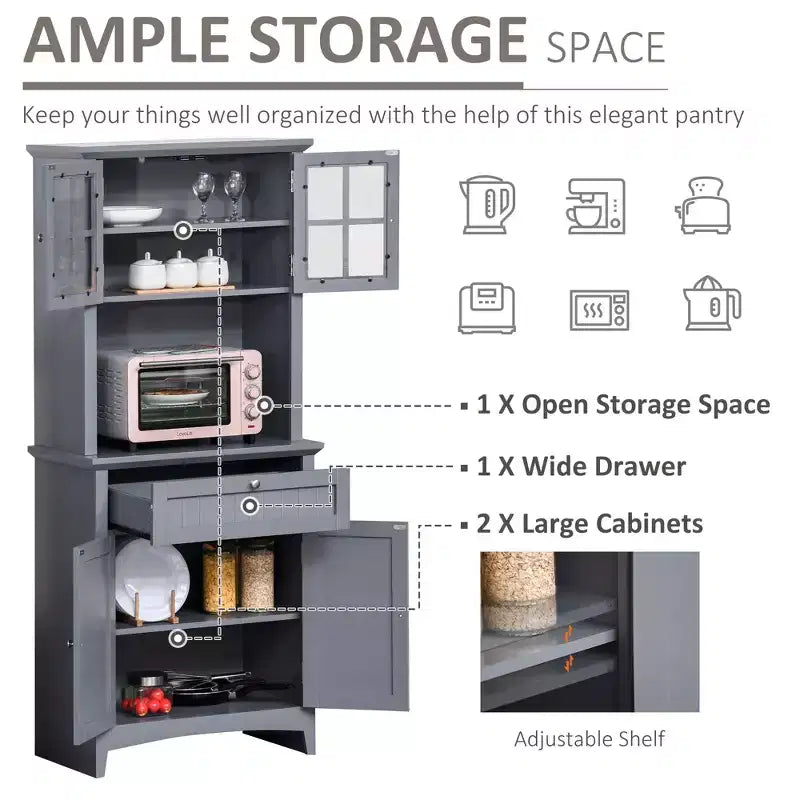 Elegante Credenza con Vetrina, Mobile Dispensa da Cucina con Anta in Vetro, Cassetto e Spazio per Microonde