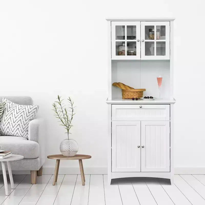 Elegante Credenza con Vetrina, Mobile Dispensa da Cucina con Anta in Vetro, Cassetto e Spazio per Microonde