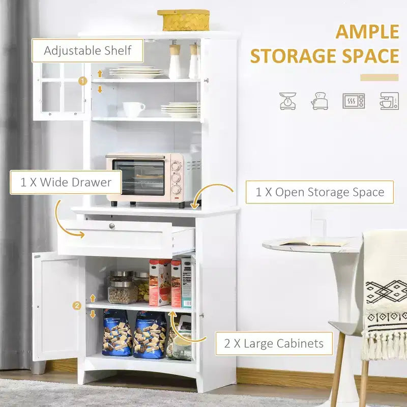 Elegante Credenza con Vetrina, Mobile Dispensa da Cucina con Anta in Vetro, Cassetto e Spazio per Microonde