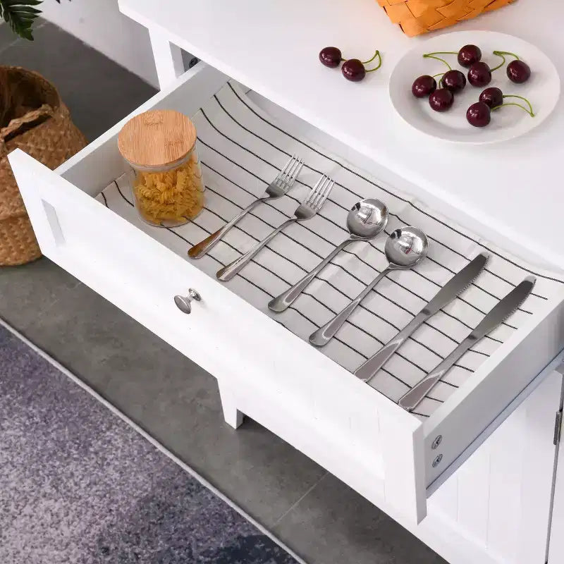 Elegante Credenza con Vetrina, Mobile Dispensa da Cucina con Anta in Vetro, Cassetto e Spazio per Microonde