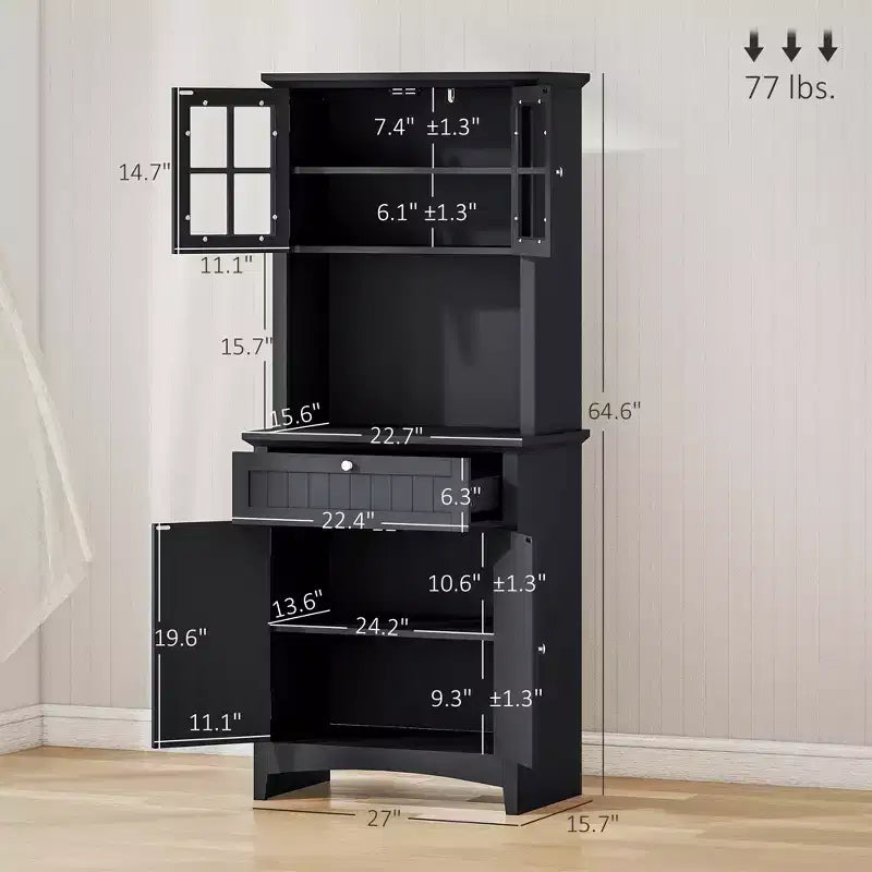 Elegante Credenza con Vetrina, Mobile Dispensa da Cucina con Anta in Vetro, Cassetto e Spazio per Microonde