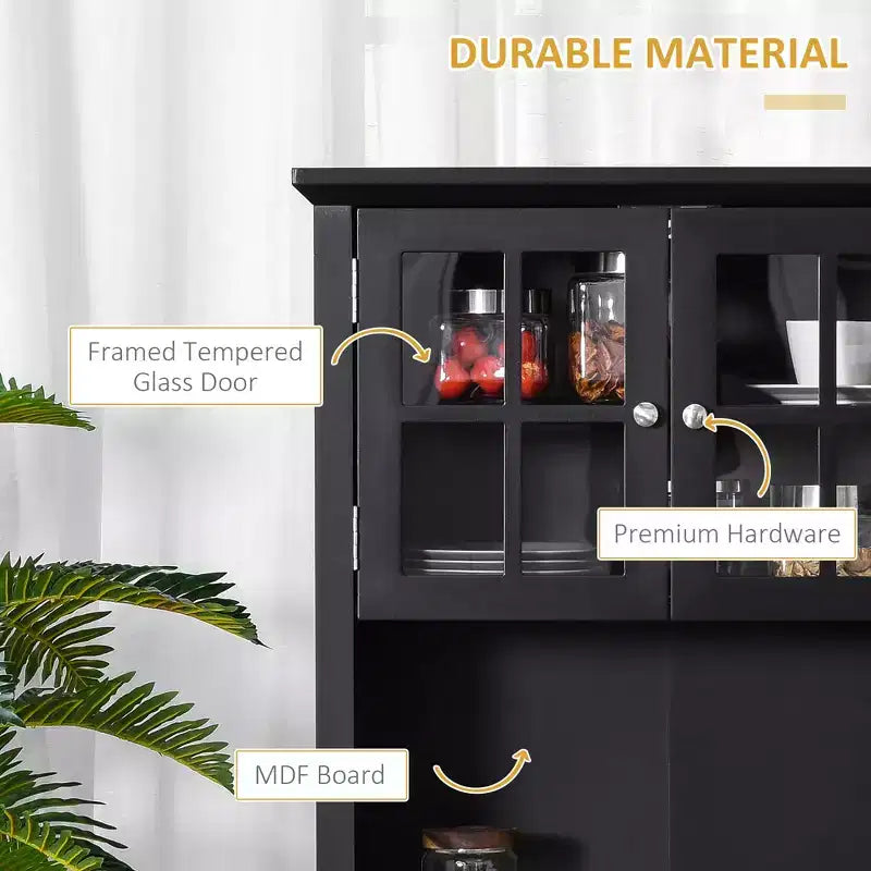 Elegante Credenza con Vetrina, Mobile Dispensa da Cucina con Anta in Vetro, Cassetto e Spazio per Microonde