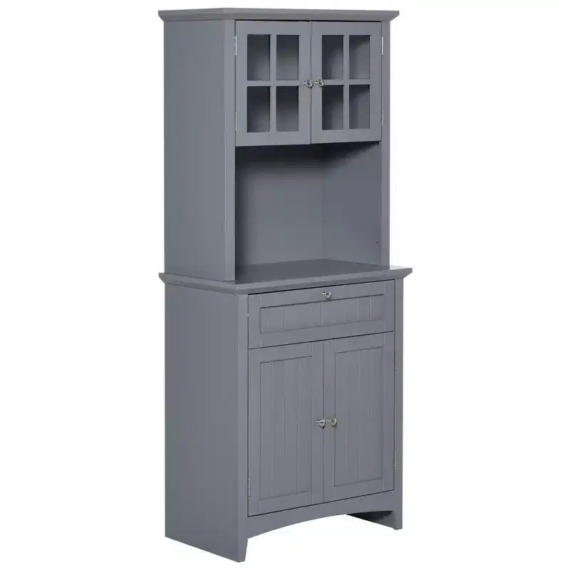 Elegante Credenza con Vetrina, Mobile Dispensa da Cucina con Anta in Vetro, Cassetto e Spazio per Microonde