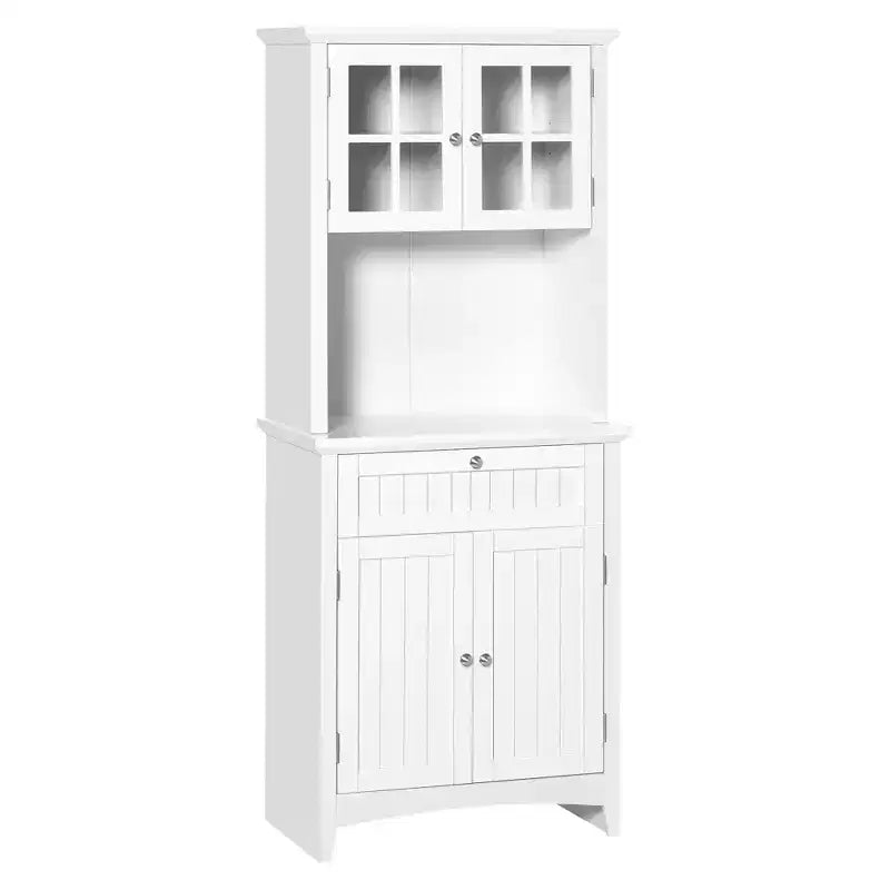 Elegante Credenza con Vetrina, Mobile Dispensa da Cucina con Anta in Vetro, Cassetto e Spazio per Microonde