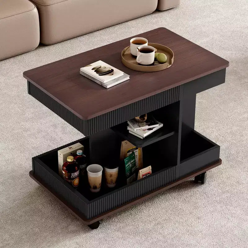 Tavolino moderno con ruote, tavolino laterale multifunzionale con piano sollevabile regolabile a 360° e vano contenitore, tavolino d'appoggio per soggiorno
