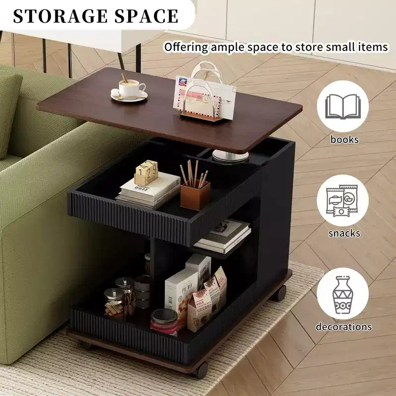 Tavolino moderno con ruote, tavolino laterale multifunzionale con piano sollevabile regolabile a 360° e vano contenitore, tavolino d'appoggio per soggiorno