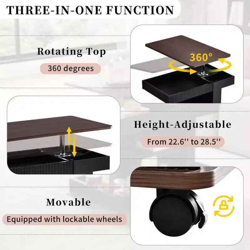 Tavolino moderno con ruote, tavolino laterale multifunzionale con piano sollevabile regolabile a 360° e vano contenitore, tavolino d'appoggio per soggiorno