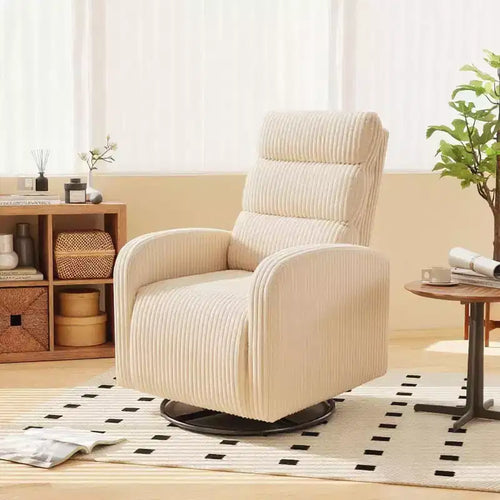Poltrona a dondolo girevole a 360° per cameretta in velluto a coste con cuscino imbottito, comoda poltrona con schienale alto - Beige
