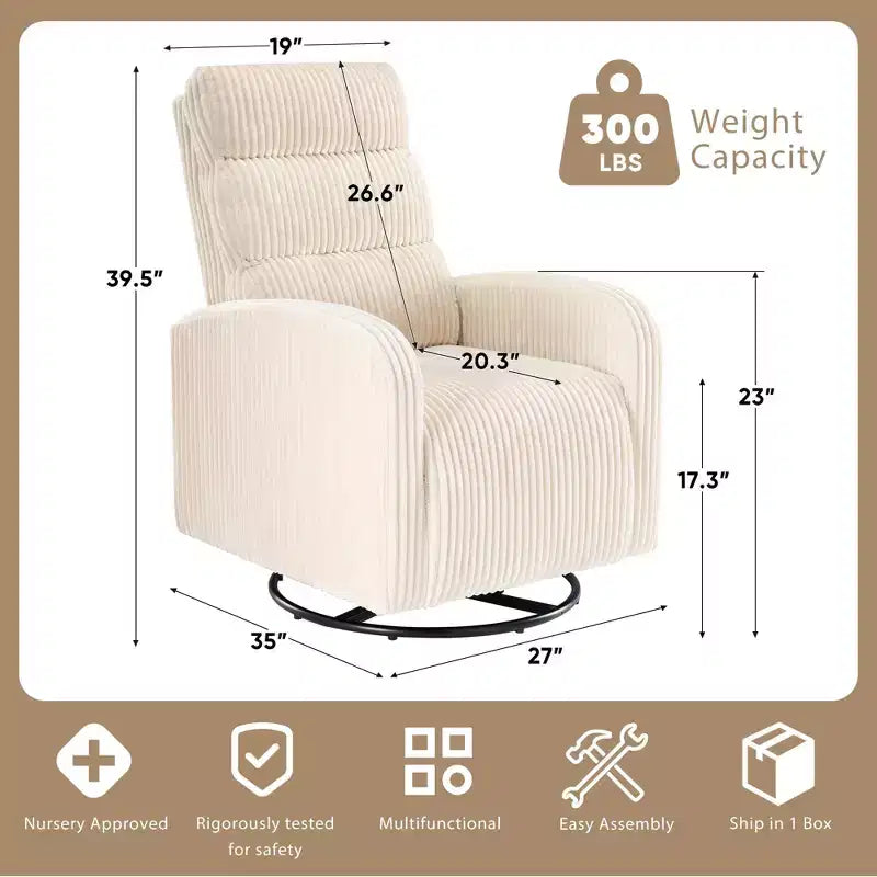 Poltrona a dondolo girevole a 360° per cameretta in velluto a coste con cuscino imbottito, comoda poltrona con schienale alto - Beige