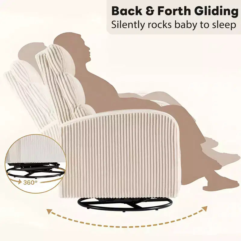 Poltrona a dondolo girevole a 360° per cameretta in velluto a coste con cuscino imbottito, comoda poltrona con schienale alto - Beige