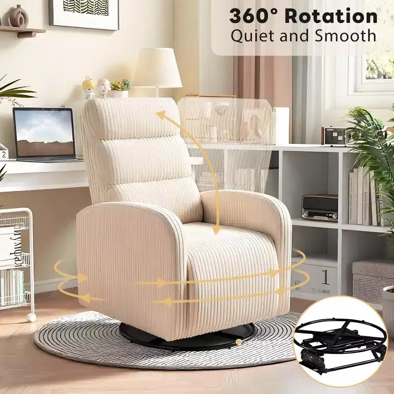 Poltrona a dondolo girevole a 360° per cameretta in velluto a coste con cuscino imbottito, comoda poltrona con schienale alto - Beige