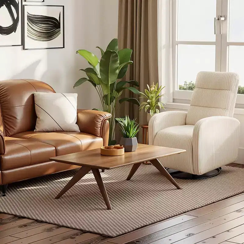Poltrona a dondolo girevole a 360° per cameretta in velluto a coste con cuscino imbottito, comoda poltrona con schienale alto - Beige