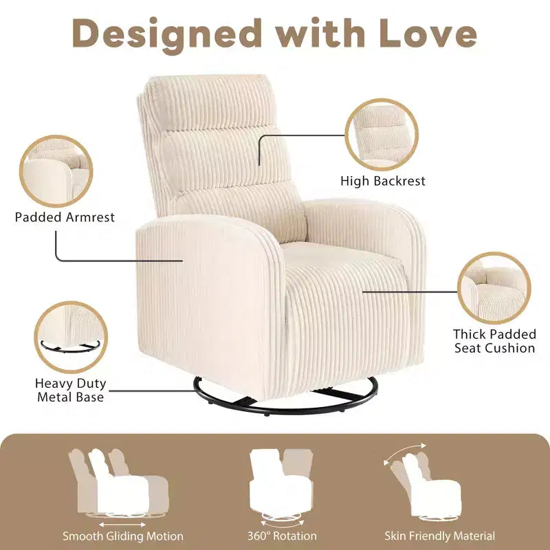 Poltrona a dondolo girevole a 360° per cameretta in velluto a coste con cuscino imbottito, comoda poltrona con schienale alto - Beige