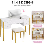Toeletta Trucco da 119 cm con Specchio a Scomparsa, Set Moderno da Trucco con Sedia e 5 Cassetti per Camera da Letto, Spogliatoio, Guardaroba