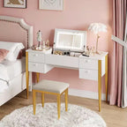 Toeletta Trucco da 119 cm con Specchio a Scomparsa, Set Moderno da Trucco con Sedia e 5 Cassetti per Camera da Letto, Spogliatoio, Guardaroba