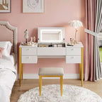 Toeletta Trucco da 119 cm con Specchio a Scomparsa, Set Moderno da Trucco con Sedia e 5 Cassetti per Camera da Letto, Spogliatoio, Guardaroba