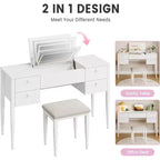 Toeletta Trucco da 119 cm con Specchio a Scomparsa, Set Moderno da Trucco con Sedia e 5 Cassetti per Camera da Letto, Spogliatoio, Guardaroba