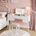 Toeletta Trucco da 119 cm con Specchio a Scomparsa, Set Moderno da Trucco con Sedia e 5 Cassetti per Camera da Letto, Spogliatoio, Guardaroba