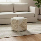 Pouf Ottomano Cubo Geometrico in Cotone, Iuta e Lana Naturale e Bianco Sporco 18