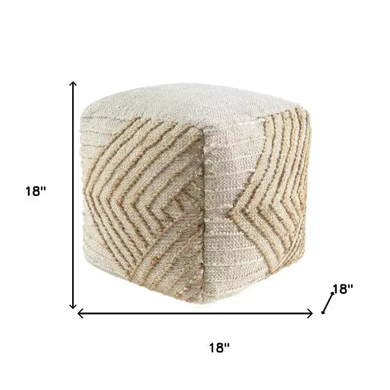 Pouf Ottomano Cubo Geometrico in Cotone, Iuta e Lana Naturale e Bianco Sporco 18