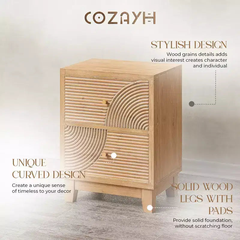 Comodino Rustico con 2 Cassetti con Motivo ad Anello in Legno, Naturale, Set da 2