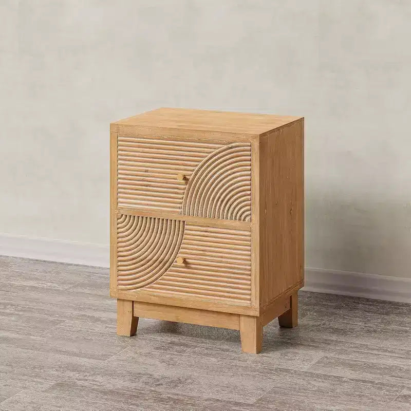 Comodino Rustico con 2 Cassetti con Motivo ad Anello in Legno, Naturale, Set da 2