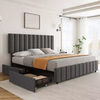 Struttura letto, letto a piattaforma imbottito in lino trapuntato con testiera regolabile e 4 cassetti portaoggetti, supporto a doghe in legno robusto