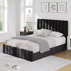 Bed Frame, Linen Quilted Upholstered Platform Bed with Adjustable Headboard & 4 Storage Drawers, Sturdy Wooden Slats Support