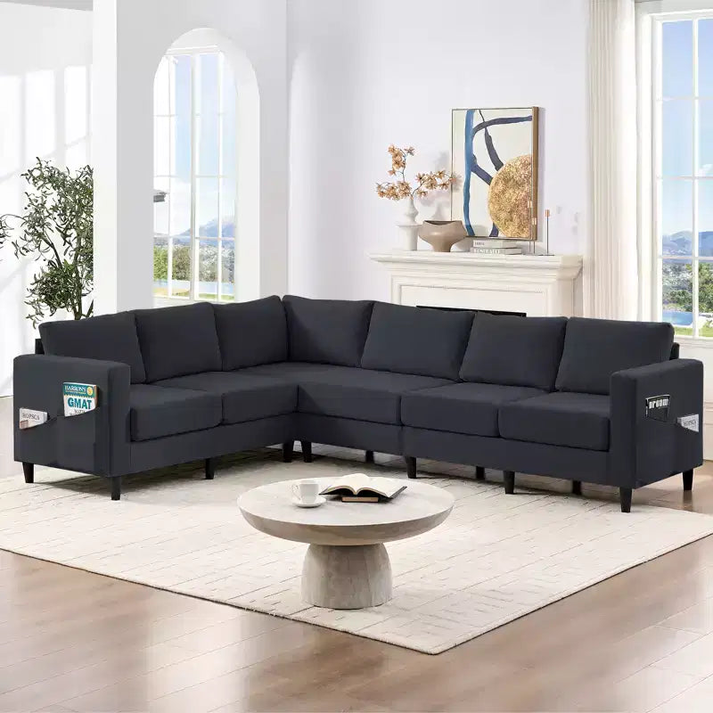 Divano sezionale modulare oversize in lino 108L, divano sezionale a L con tasca laterale, grande divano angolare a 6 posti