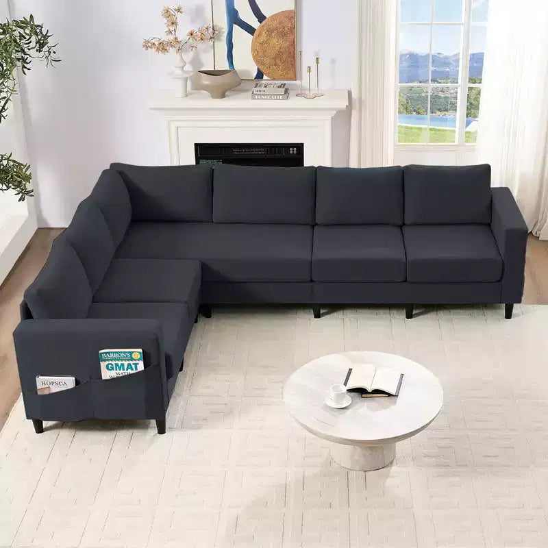 Divano sezionale modulare oversize in lino 108L, divano sezionale a L con tasca laterale, grande divano angolare a 6 posti