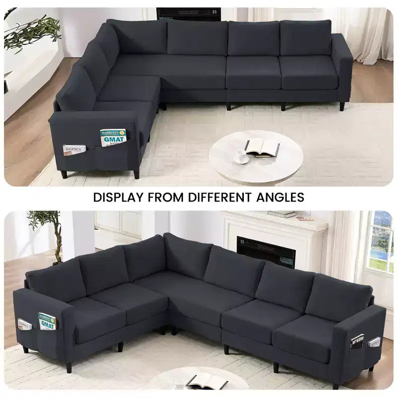 Divano sezionale modulare oversize in lino 108L, divano sezionale a L con tasca laterale, grande divano angolare a 6 posti