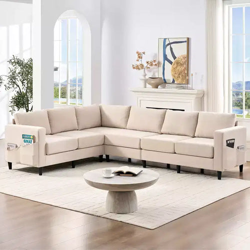 Divano sezionale modulare oversize in lino 108L, divano sezionale a L con tasca laterale, grande divano angolare a 6 posti