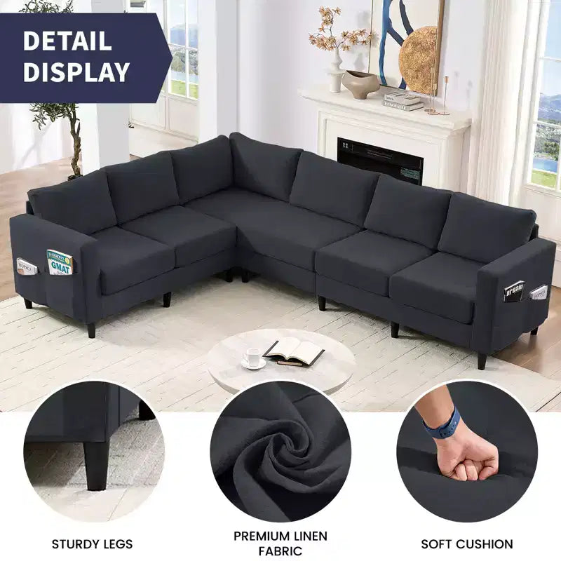 Divano sezionale modulare oversize in lino 108L, divano sezionale a L con tasca laterale, grande divano angolare a 6 posti